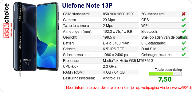 Ulefone Note 13P Technische gegevens Ulefone Note 13P Technische gegevens