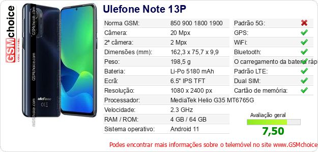 Ulefone Note 13P Especificações técnicas do telemóvel 