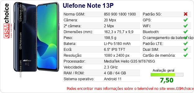 Ulefone Note 13P Especificações técnicas do telemóvel 