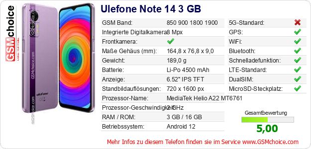 Ulefone Note 14 3 GB technische Daten Ulefone Note 14 3 GB technische Daten