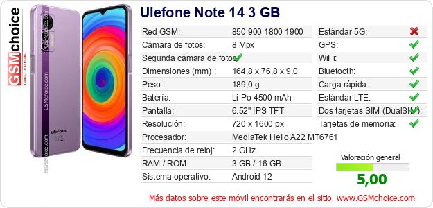 Ulefone Note 14 3 GB Datos técnicos del móvil Ulefone Note 14 3 GB Datos técnicos del móvil