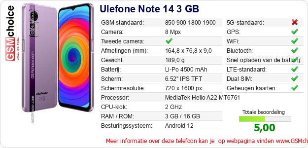 Ulefone Note 14 3 GB Technische gegevens Ulefone Note 14 3 GB Technische gegevens