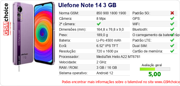 Ulefone Note 14 3 GB Especificações técnicas do telemóvel Ulefone Note 14 3 GB Especificações técnicas do telemóvel