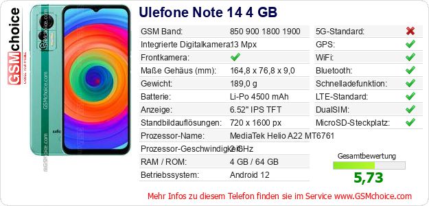 Ulefone Note 14 4 GB technische Daten Ulefone Note 14 4 GB technische Daten