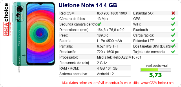 Ulefone Note 14 4 GB Datos técnicos del móvil Ulefone Note 14 4 GB Datos técnicos del móvil