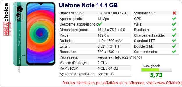 Ulefone Note 14 4 GB Fiche technique Ulefone Note 14 4 GB Fiche technique