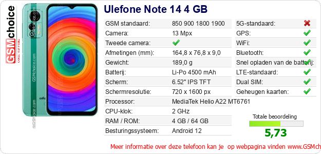 Ulefone Note 14 4 GB Technische gegevens 