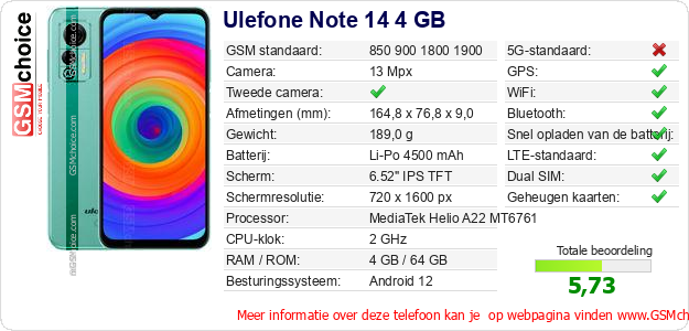 Ulefone Note 14 4 GB Technische gegevens Ulefone Note 14 4 GB Technische gegevens
