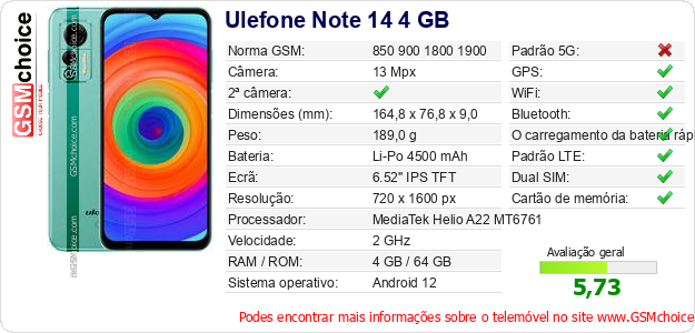 Ulefone Note 14 4 GB Especificações técnicas do telemóvel 