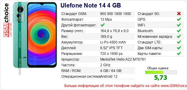 Ulefone Note 14 4 GB Технические данные телефона Ulefone Note 14 4 GB Технические данные телефона