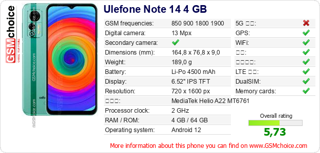 Ulefone Note 14 4 GB 手机技术数据