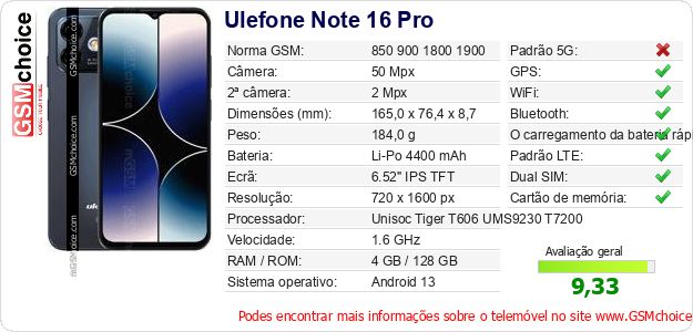 Ulefone Note 16 Pro Especificações técnicas do telemóvel 