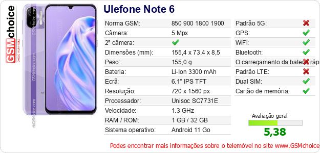 Ulefone Note 6 Especificações técnicas do telemóvel Ulefone Note 6 Especificações técnicas do telemóvel