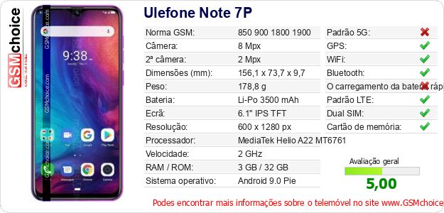Ulefone Note 7P Especificações técnicas do telemóvel 