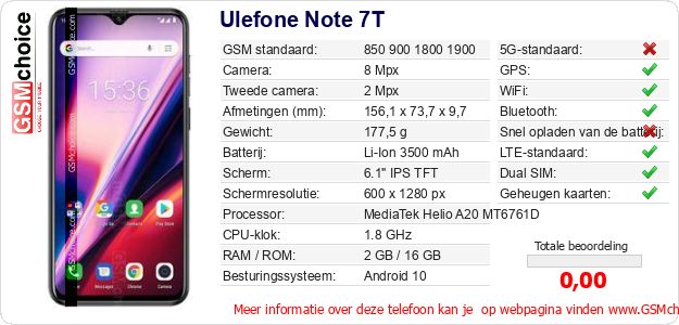 Ulefone Note 7T Technische gegevens Ulefone Note 7T Technische gegevens