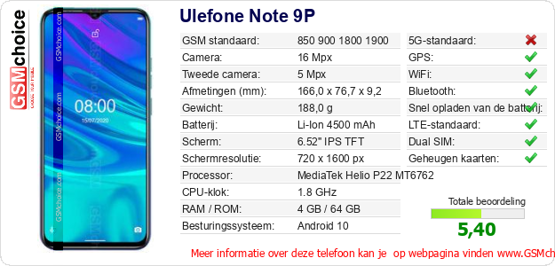 Ulefone Note 9P Technische gegevens 