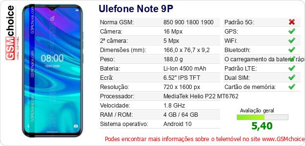 Ulefone Note 9P Especificações técnicas do telemóvel Ulefone Note 9P Especificações técnicas do telemóvel