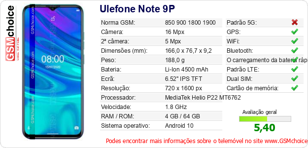 Ulefone Note 9P Especificações técnicas do telemóvel 