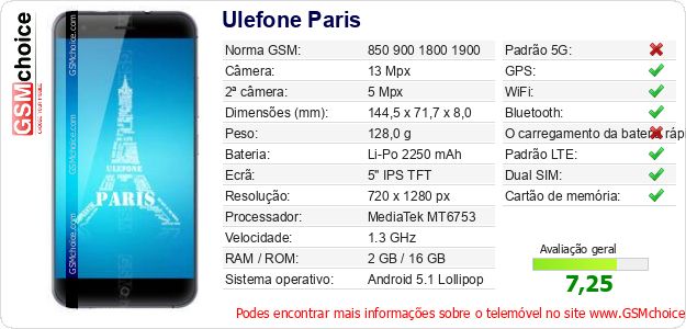Ulefone Paris Especificações técnicas do telemóvel Ulefone Paris Especificações técnicas do telemóvel