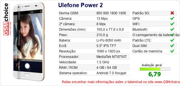 Ulefone Power 2 Especificações técnicas do telemóvel Ulefone Power 2 Especificações técnicas do telemóvel