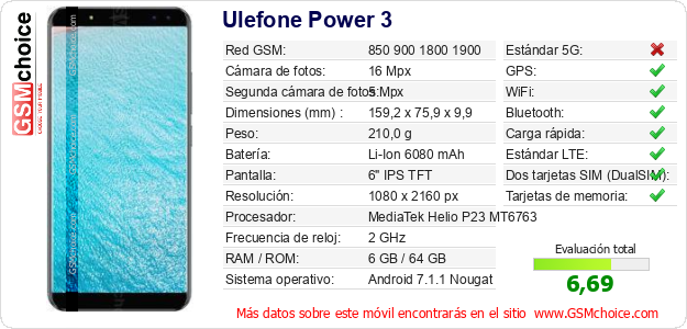 Ulefone Power 3 Datos técnicos del móvil Ulefone Power 3 Datos técnicos del móvil