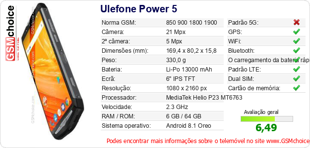 Ulefone Power 5 Especificações técnicas do telemóvel Ulefone Power 5 Especificações técnicas do telemóvel