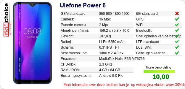 Ulefone Power 6 Technische gegevens Ulefone Power 6 Technische gegevens