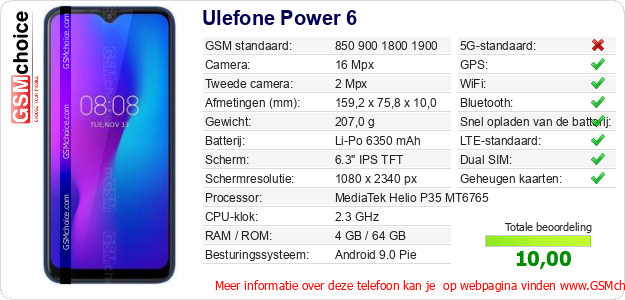 Ulefone Power 6 Technische gegevens 