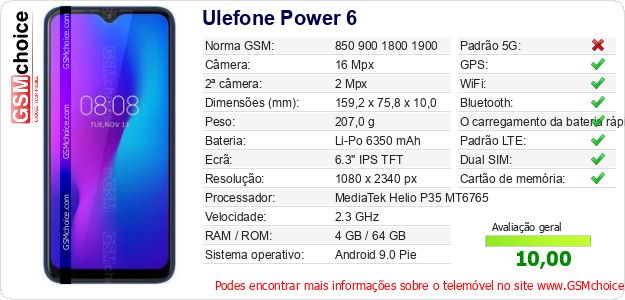 Ulefone Power 6 Especificações técnicas do telemóvel Ulefone Power 6 Especificações técnicas do telemóvel
