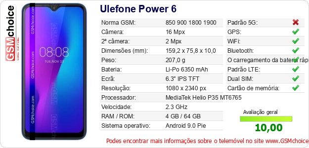 Ulefone Power 6 Especificações técnicas do telemóvel Ulefone Power 6 Especificações técnicas do telemóvel