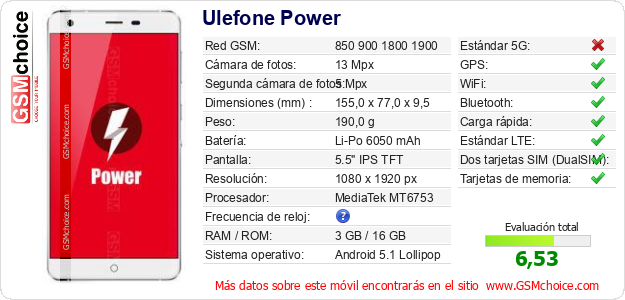 Ulefone Power Datos técnicos del móvil Ulefone Power Datos técnicos del móvil