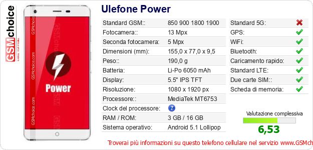 Ulefone Power Dati tecnici di telefono cellulare Ulefone Power Dati tecnici di telefono cellulare