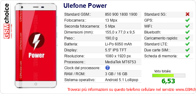 Ulefone Power Dati tecnici di telefono cellulare Ulefone Power Dati tecnici di telefono cellulare