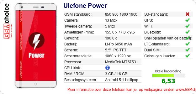 Ulefone Power Technische gegevens Ulefone Power Technische gegevens
