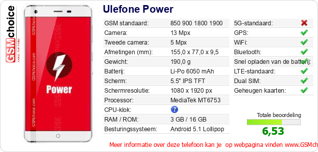 Ulefone Power Technische gegevens 