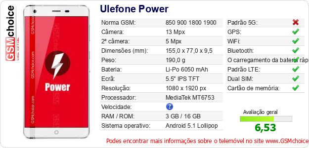 Ulefone Power Especificações técnicas do telemóvel Ulefone Power Especificações técnicas do telemóvel