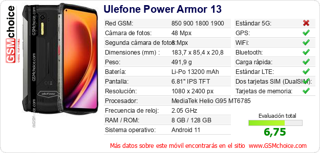 Ulefone Power Armor 13 Datos técnicos del móvil Ulefone Power Armor 13 Datos técnicos del móvil