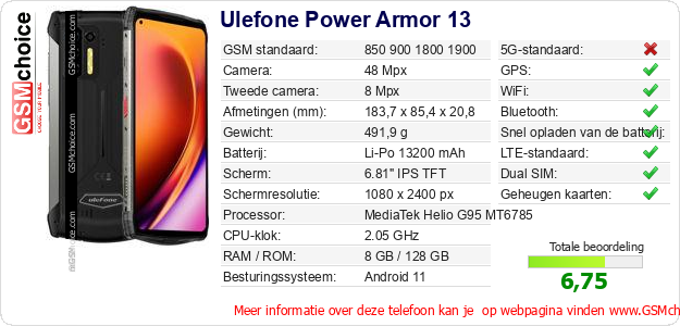 Ulefone Power Armor 13 Technische gegevens Ulefone Power Armor 13 Technische gegevens