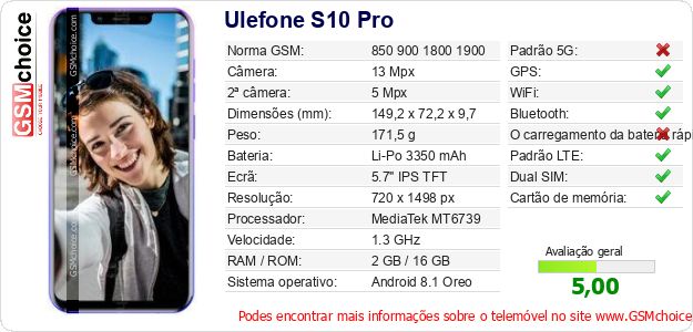 Ulefone S10 Pro Especificações técnicas do telemóvel Ulefone S10 Pro Especificações técnicas do telemóvel