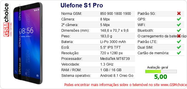 Ulefone S1 Pro Especificações técnicas do telemóvel Ulefone S1 Pro Especificações técnicas do telemóvel