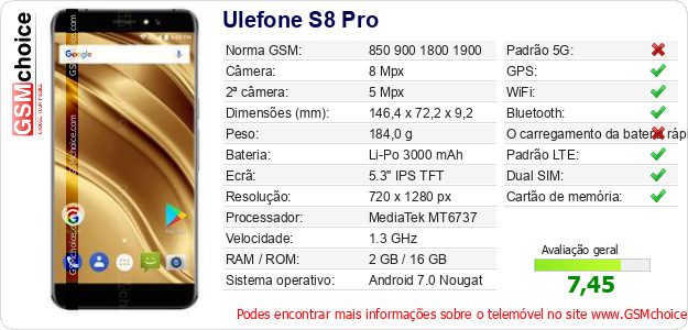 Ulefone S8 Pro Especificações técnicas do telemóvel 
