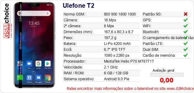Ulefone T2 Especificações técnicas do telemóvel Ulefone T2 Especificações técnicas do telemóvel