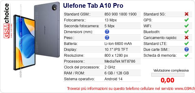 Ulefone Tab A10 Pro Dati tecnici di telefono cellulare 