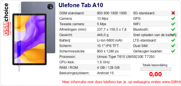 Ulefone Tab A10 Technische gegevens 