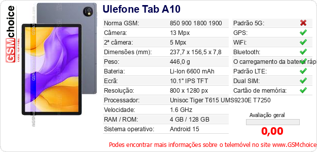 Ulefone Tab A10 Especificações técnicas do telemóvel Ulefone Tab A10 Especificações técnicas do telemóvel