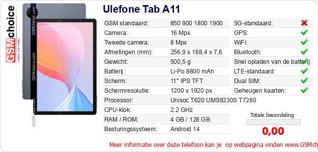 Ulefone Tab A11 Technische gegevens Ulefone Tab A11 Technische gegevens