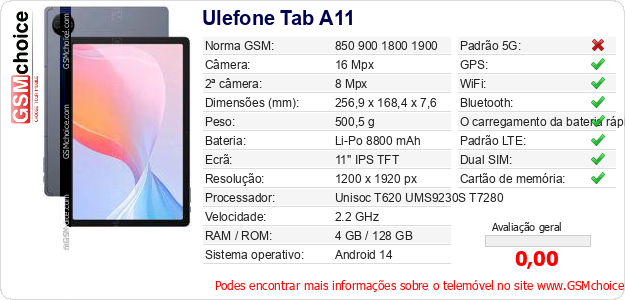 Ulefone Tab A11 Especificações técnicas do telemóvel Ulefone Tab A11 Especificações técnicas do telemóvel