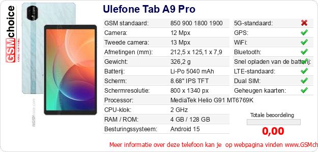 Ulefone Tab A9 Pro Technische gegevens Ulefone Tab A9 Pro Technische gegevens