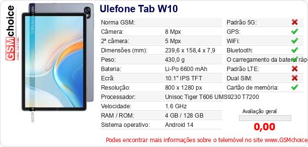 Ulefone Tab W10 Especificações técnicas do telemóvel Ulefone Tab W10 Especificações técnicas do telemóvel