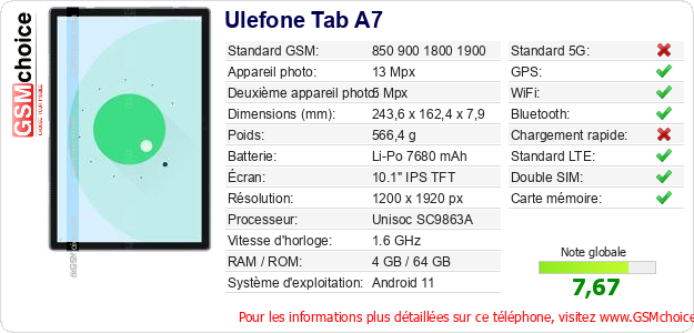 Ulefone Tab A7 Fiche technique